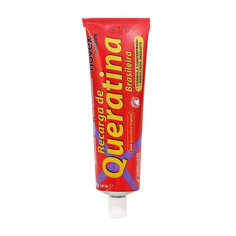 Red tube of Novex Brazilian Keratin Recharge Treatment, 80g, featuring bold yellow and white text, with a sleek design and a cap at the top for easy dispensing.