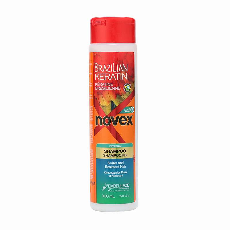 Brazilian Keratin Shampoo by Novex in a 300 ml white bottle, featuring a vibrant orange and green label with tropical motifs, highlighting its smoothing and protective properties.