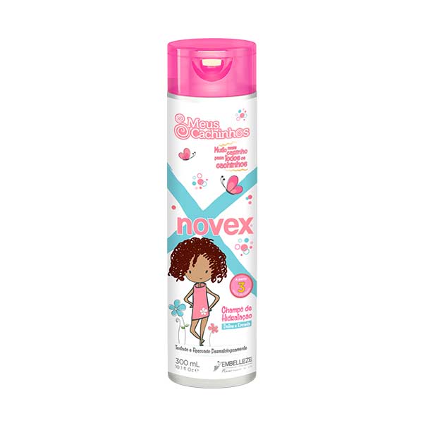 Shampoo Novex My Little Curls in a 300 ml clear bottle with a pink cap, featuring a cartoon girl with curly hair and colorful floral designs on the label.