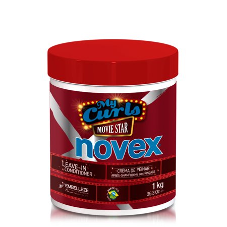 Red and white jar of Novex My Curls Movie Star Leave-In Conditioner, 35 oz, featuring a vibrant label with "My Curls" and "Novex" branding, designed for curly hair care.