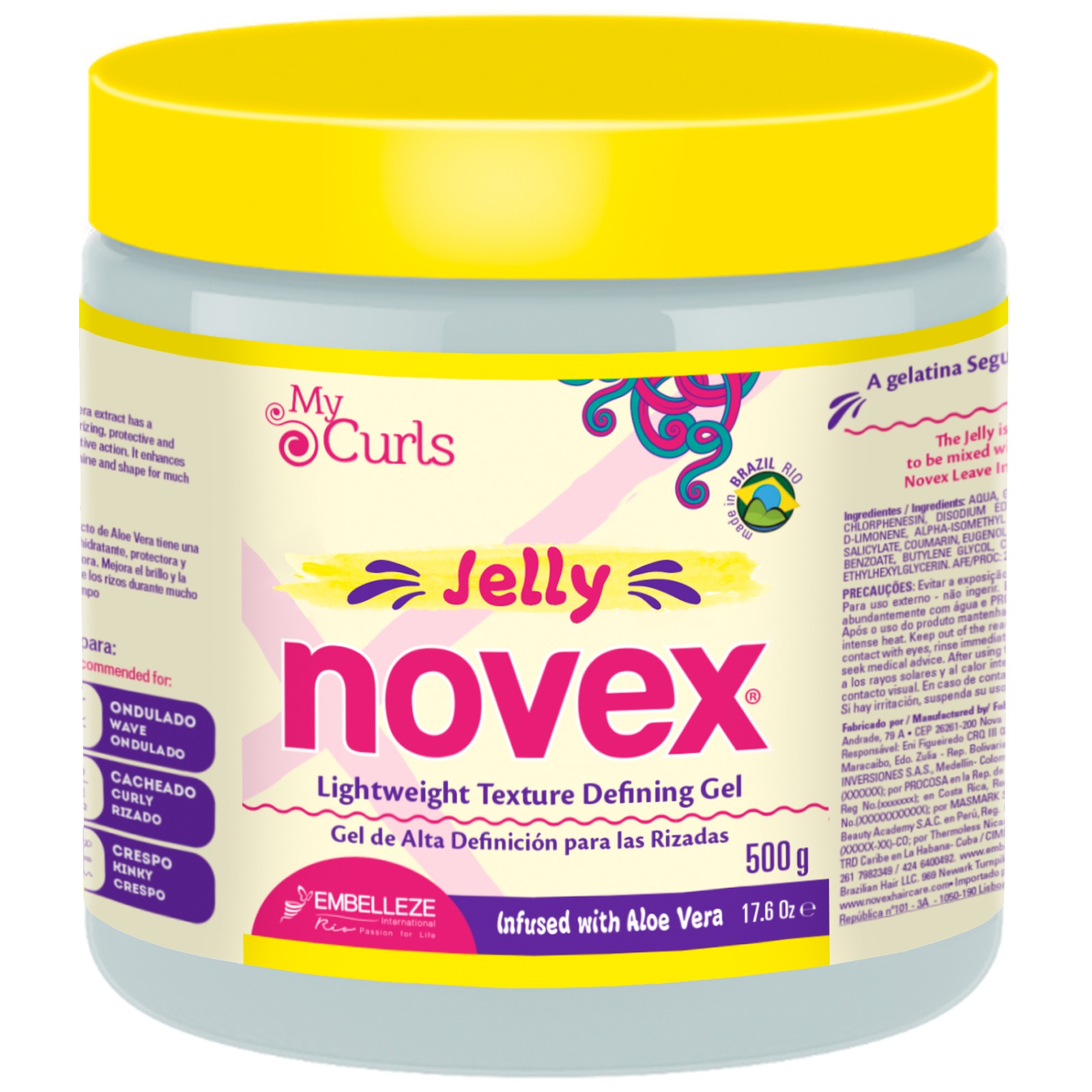 Yellow and purple round container of Novex My Curls Styling Gel, 500 g, featuring a label with text in English and Spanish, and an illustration of aloe vera.