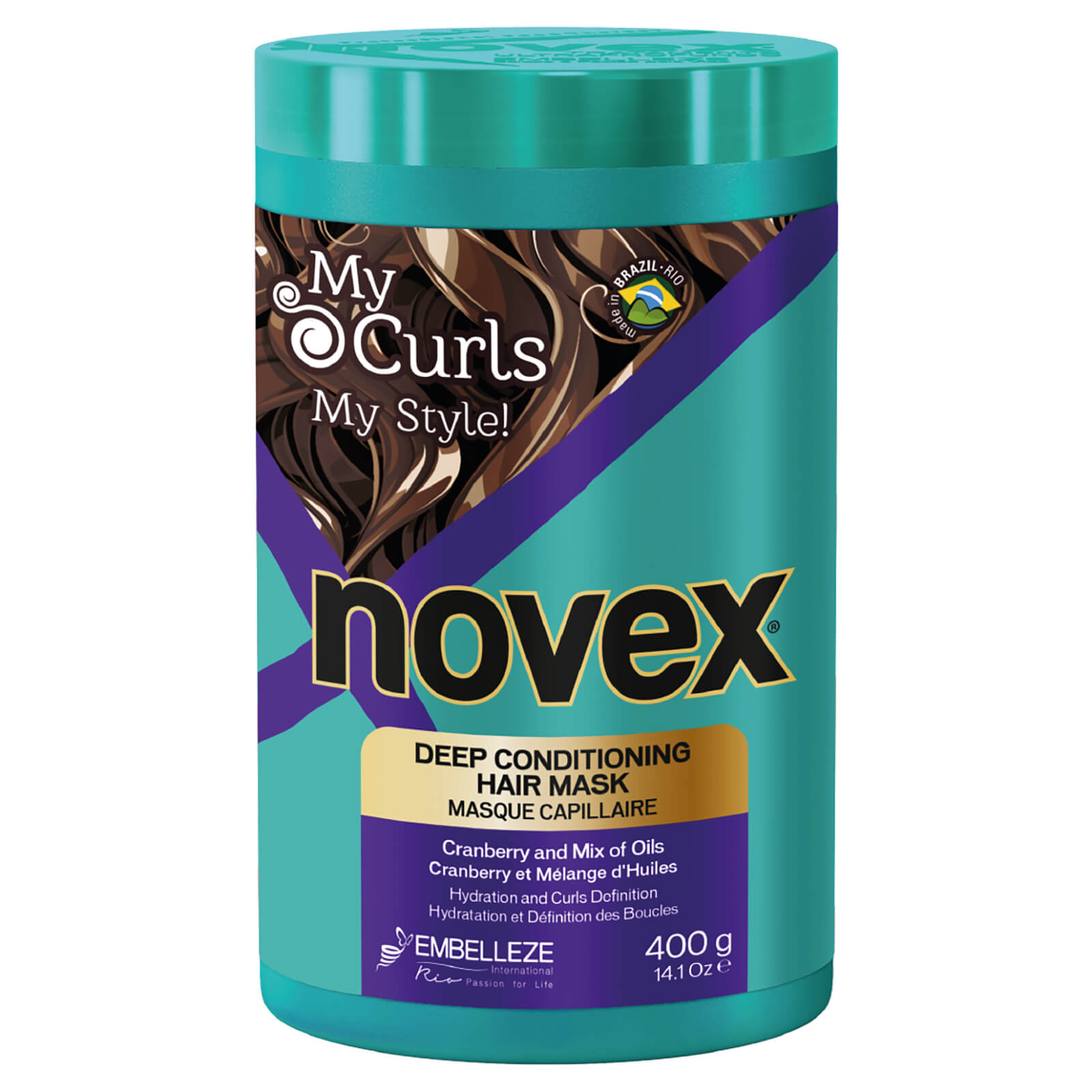 Green and purple cylindrical container of Novex My Curls Mask, 400g, featuring a colorful design, labeled as a deep conditioning hair mask with cranberry and oil blend for curly hair.