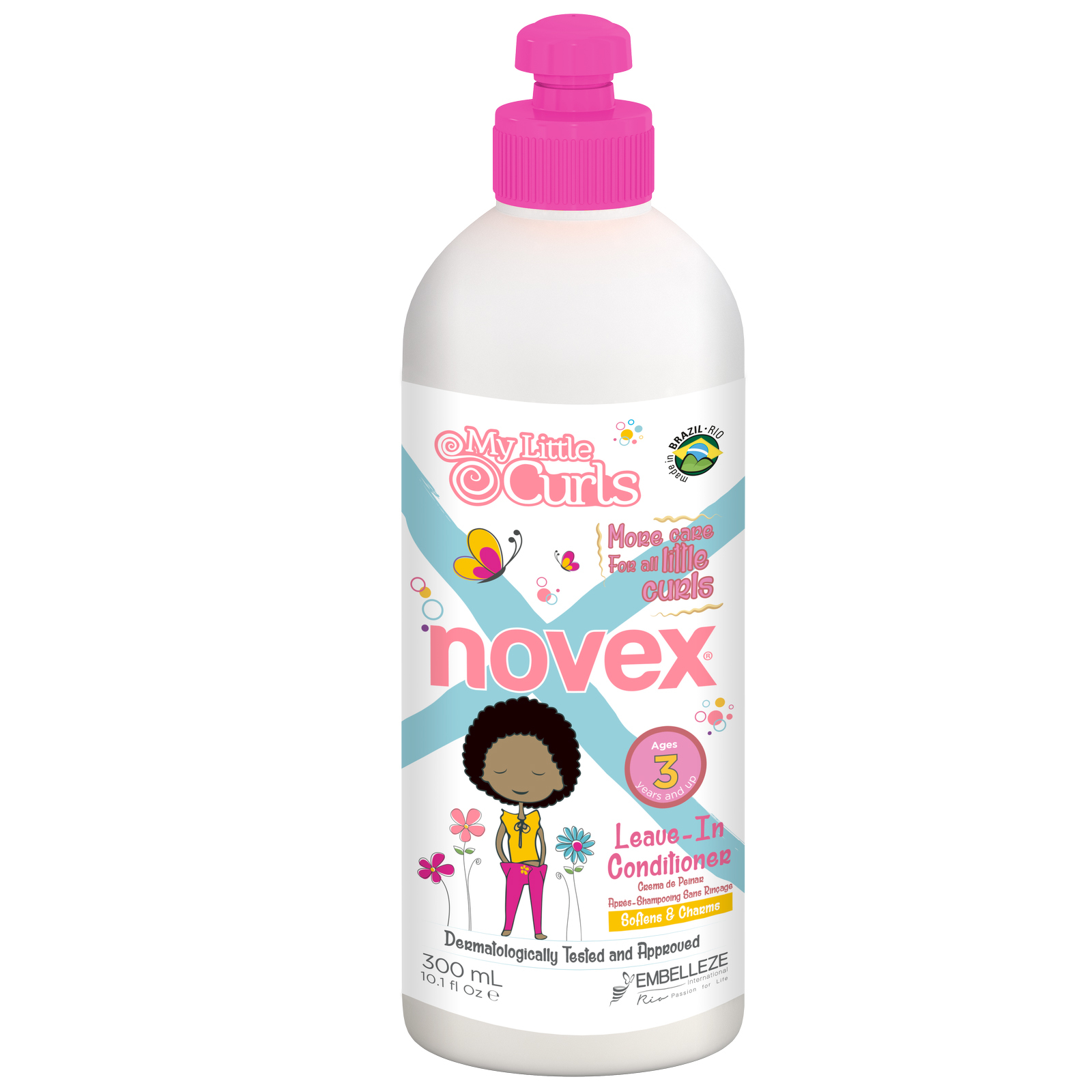 White bottle with a pink pump top, featuring colorful graphics of a girl with curly hair and butterflies, labeled "Novex My Little Leave-in Conditioner for Children's Curly Hair, 300ml."