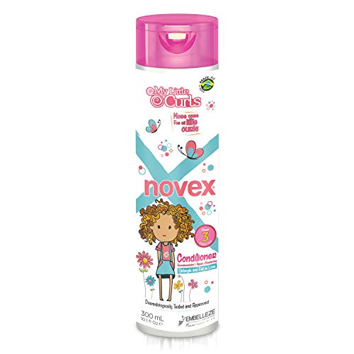 Novex My Little Curls Curly Hair Conditioner for Children in a 300 ml bottle, featuring a pink cap, colorful cartoon design, and floral accents on a white background.