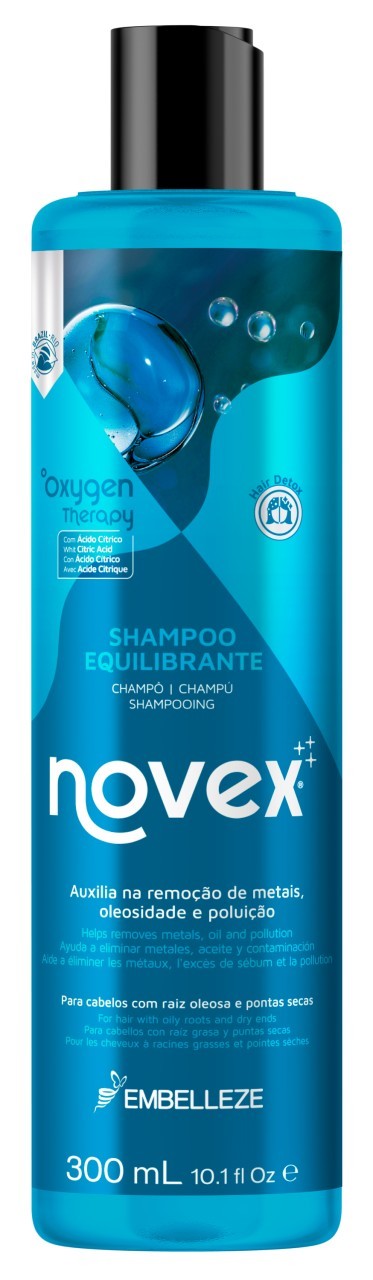 Bright blue shampoo bottle with a black cap, featuring "NOVEX" prominently on the front, labeled as "Shampoo Equilibrante" and "300 mL," with a graphic of a water droplet.