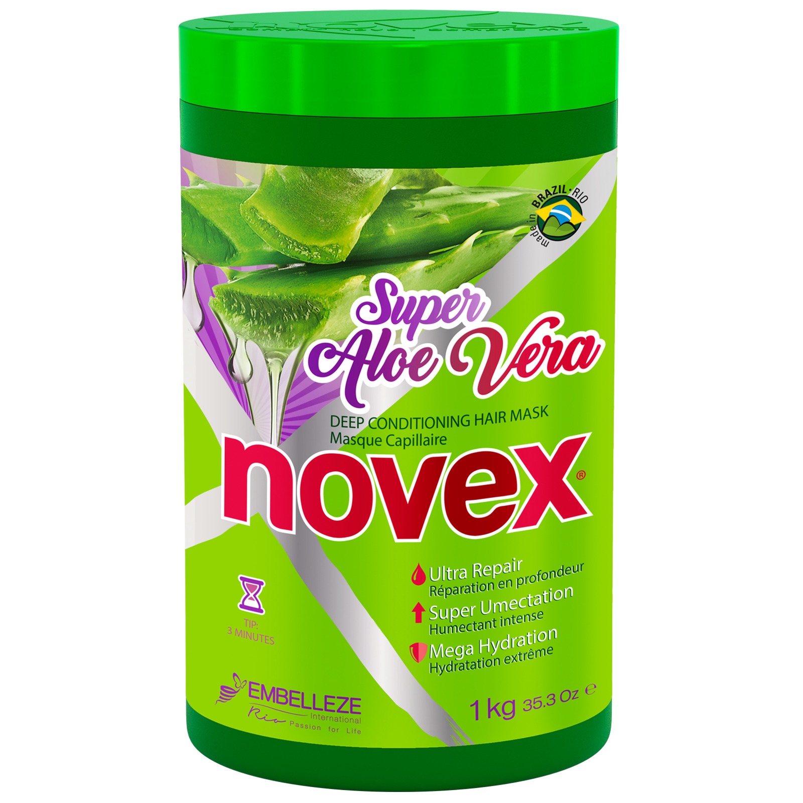 Green container of Novex Super Aloe Vera Mask Conditioner, 1kg, featuring aloe vera graphics, a bright label, and text highlighting ultra repair and mega hydration benefits.