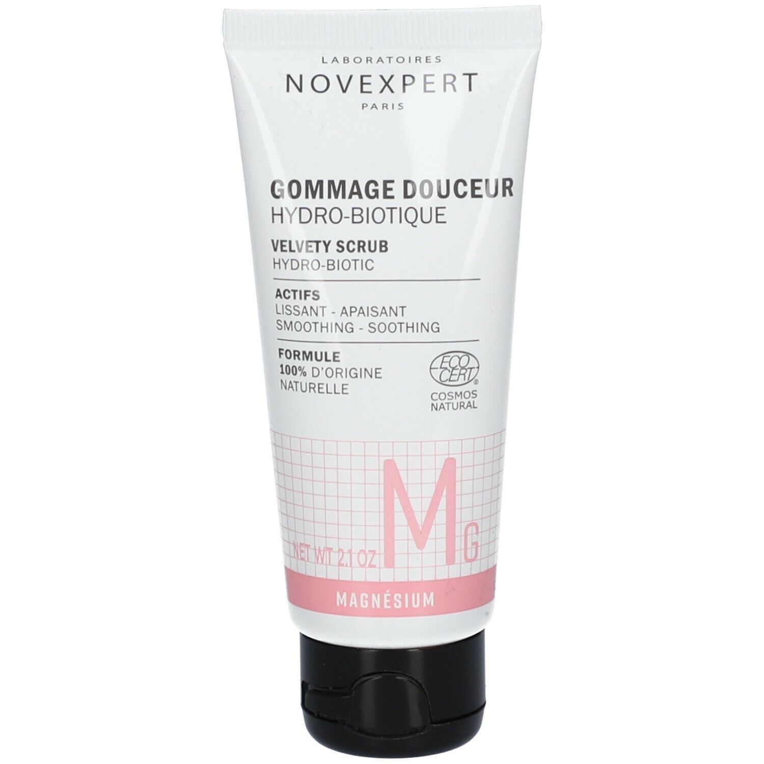Novexpert Magnesium Scrub in a 60ml tube features a white and pink design with a grid pattern, labeled "Gommage Douceur Hydro-Biotique" and highlighting magnesium as a key ingredient.
