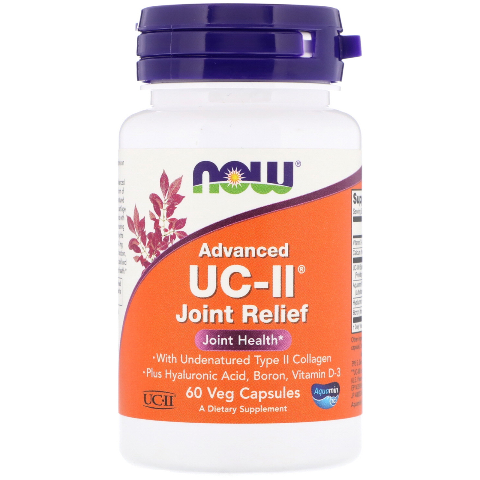 White plastic bottle with a purple lid, labeled "NOW Foods, Advanced UC-II® Joint Relief," containing 60 vegetable capsules, highlighting joint health benefits and key ingredients.