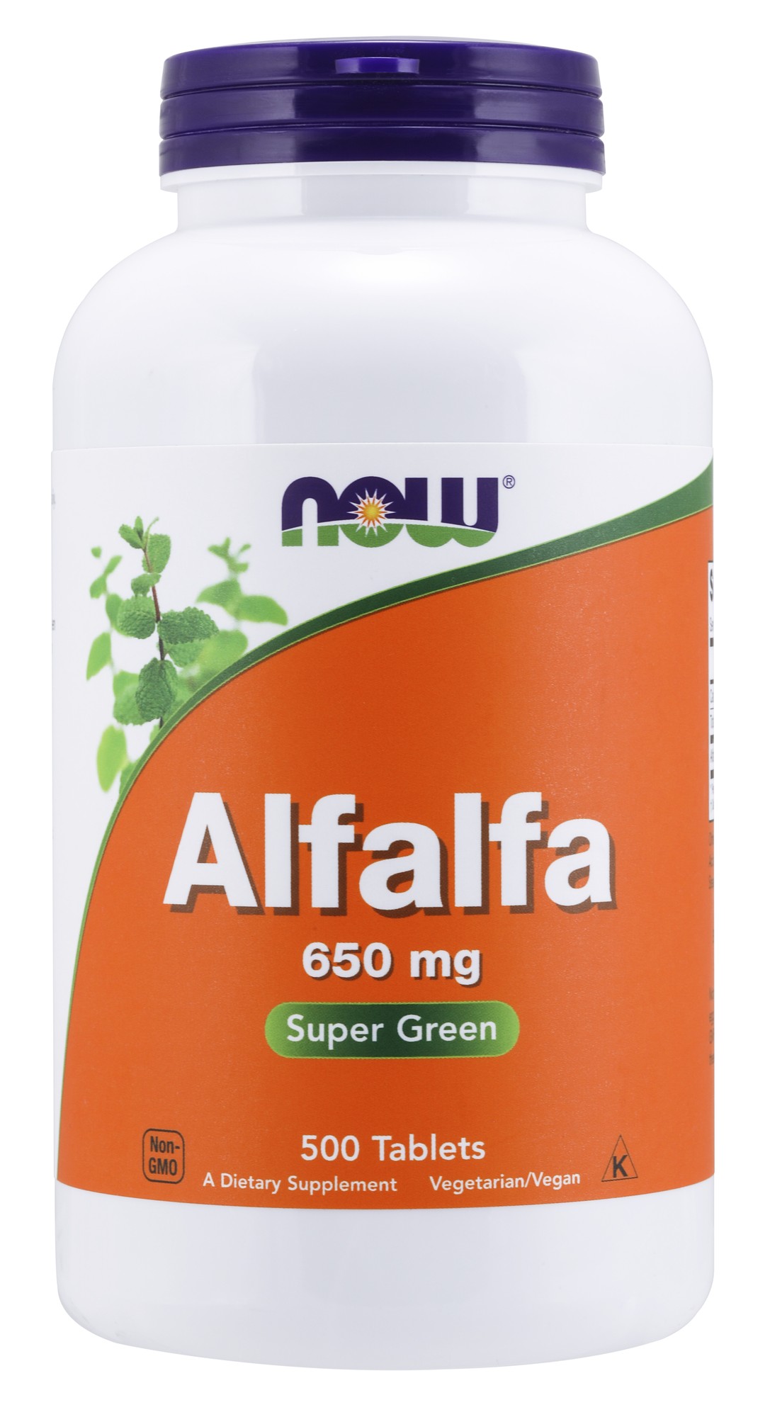 White plastic bottle with an orange and green label, featuring "Alfalfa 650 mg" in bold text, containing 500 tablets, marked as a dietary supplement, vegetarian, and non-GMO.