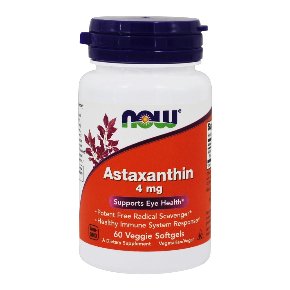 White bottle with a blue lid, labeled "NOW" and "Astaxanthin 4 mg," featuring red and purple plant graphics, containing 60 vegetarian softgels, promoting eye health and immune support.