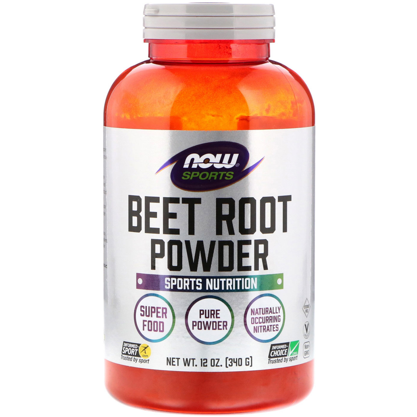 Bright red plastic container of NOW Foods Beet Root Powder, labeled with "Sports Nutrition," "Super Food," and "Pure Powder," featuring a 12 oz (340 g) capacity.