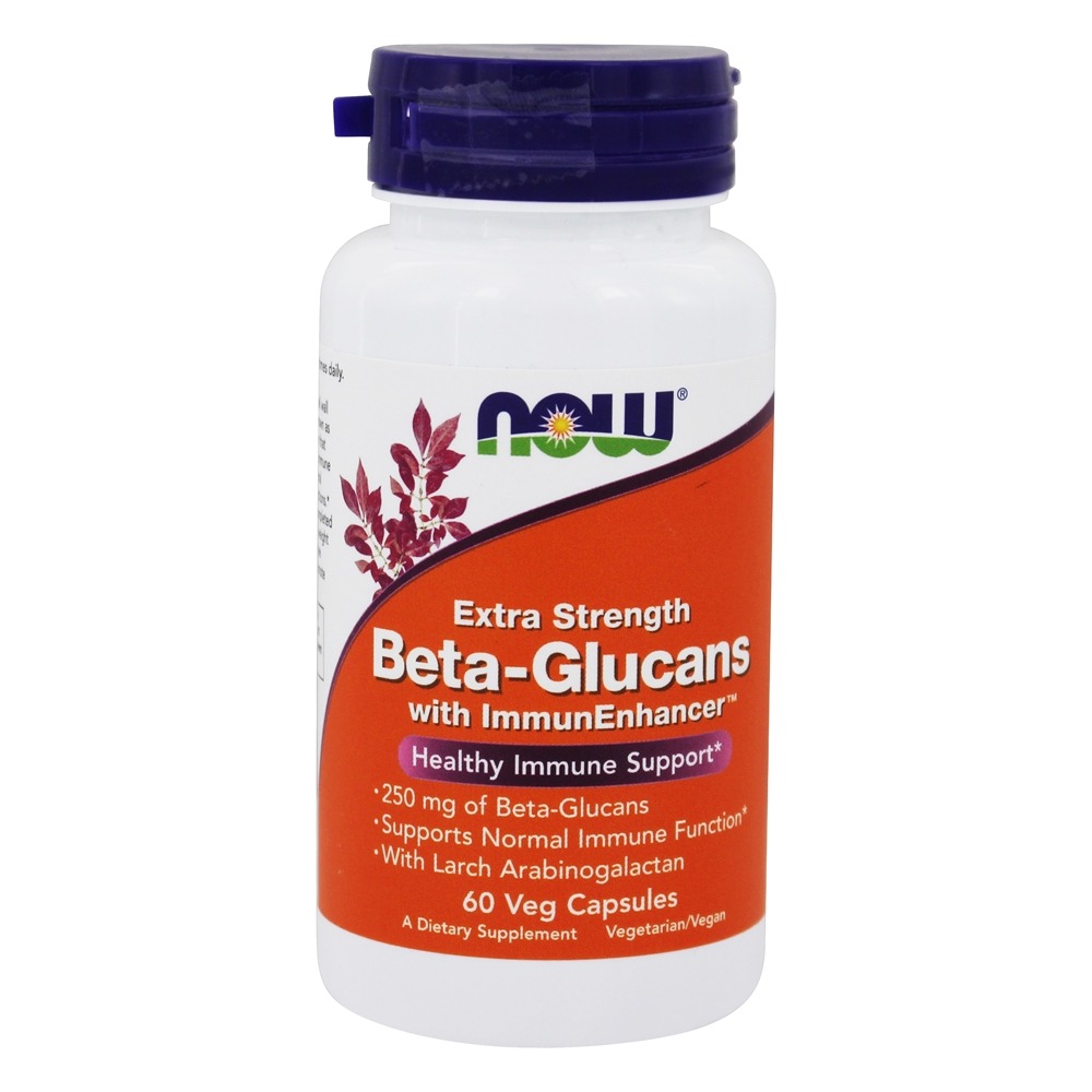 White bottle with a blue cap labeled "Beta-Glucans with ImmunEnhancer," featuring red and purple plant graphics, containing 60 vegetarian capsules for immune support.