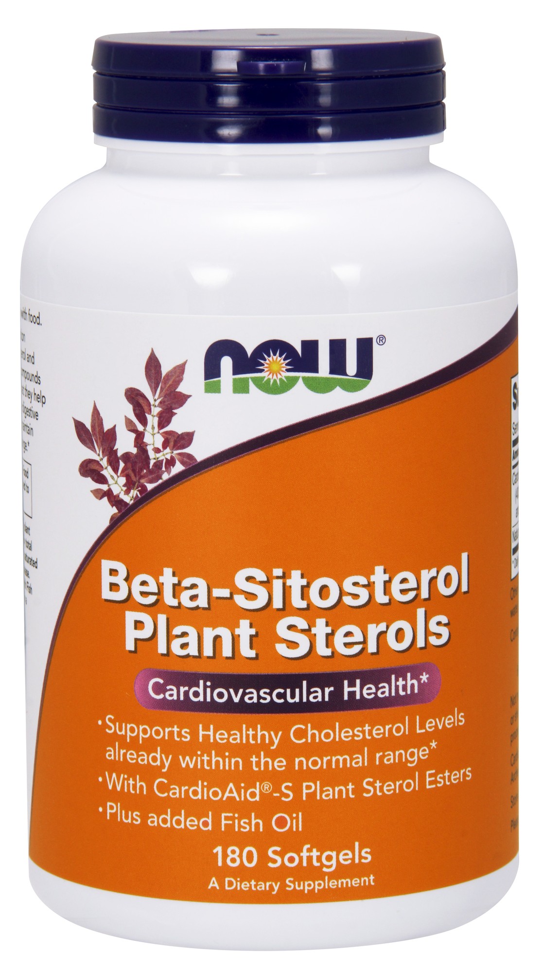 White bottle with an orange label featuring "NOW" logo, product name "Beta-Sitosterol Plant Sterols", and details on cardiovascular health; contains 180 soft gels.