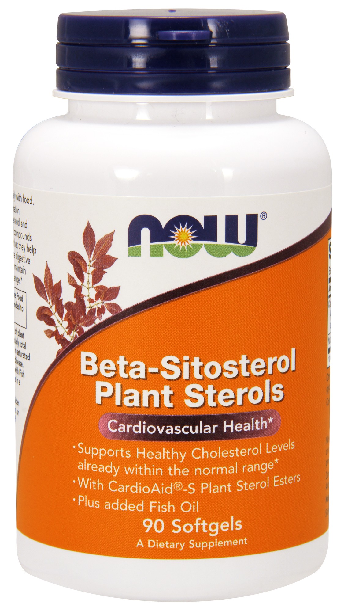 White bottle with an orange label, featuring "Beta-Sitosterol Plant Sterols" text, 90 softgels, and a leaf graphic, emphasizing cardiovascular health and cholesterol support.