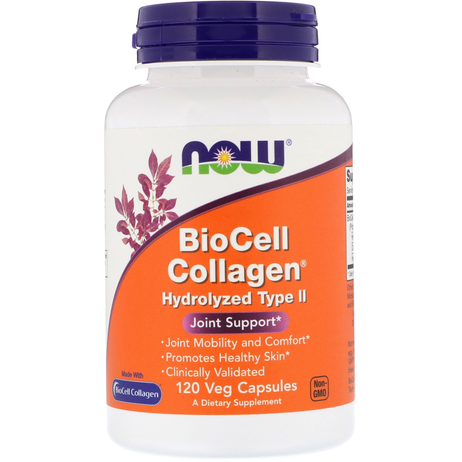 Clear plastic bottle with a white lid, labeled "BioCell Collagen" in purple and orange, containing 120 vegetable capsules, promoting joint support and healthy skin.