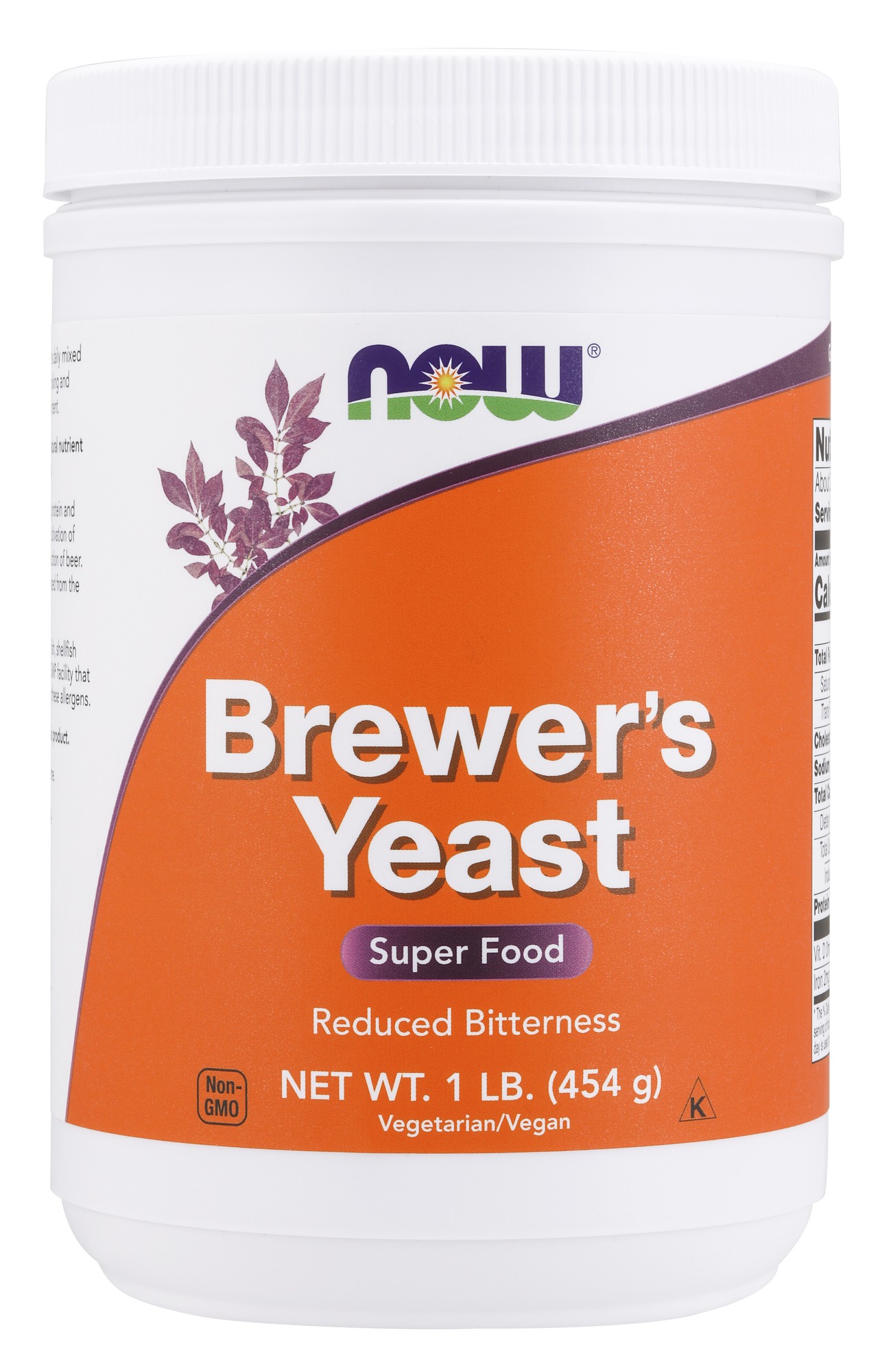 White plastic container with a bright orange label, featuring "Brewer's Yeast" in bold white letters, and "Super Food" underneath; includes non-GMO and vegetarian/vegan icons.