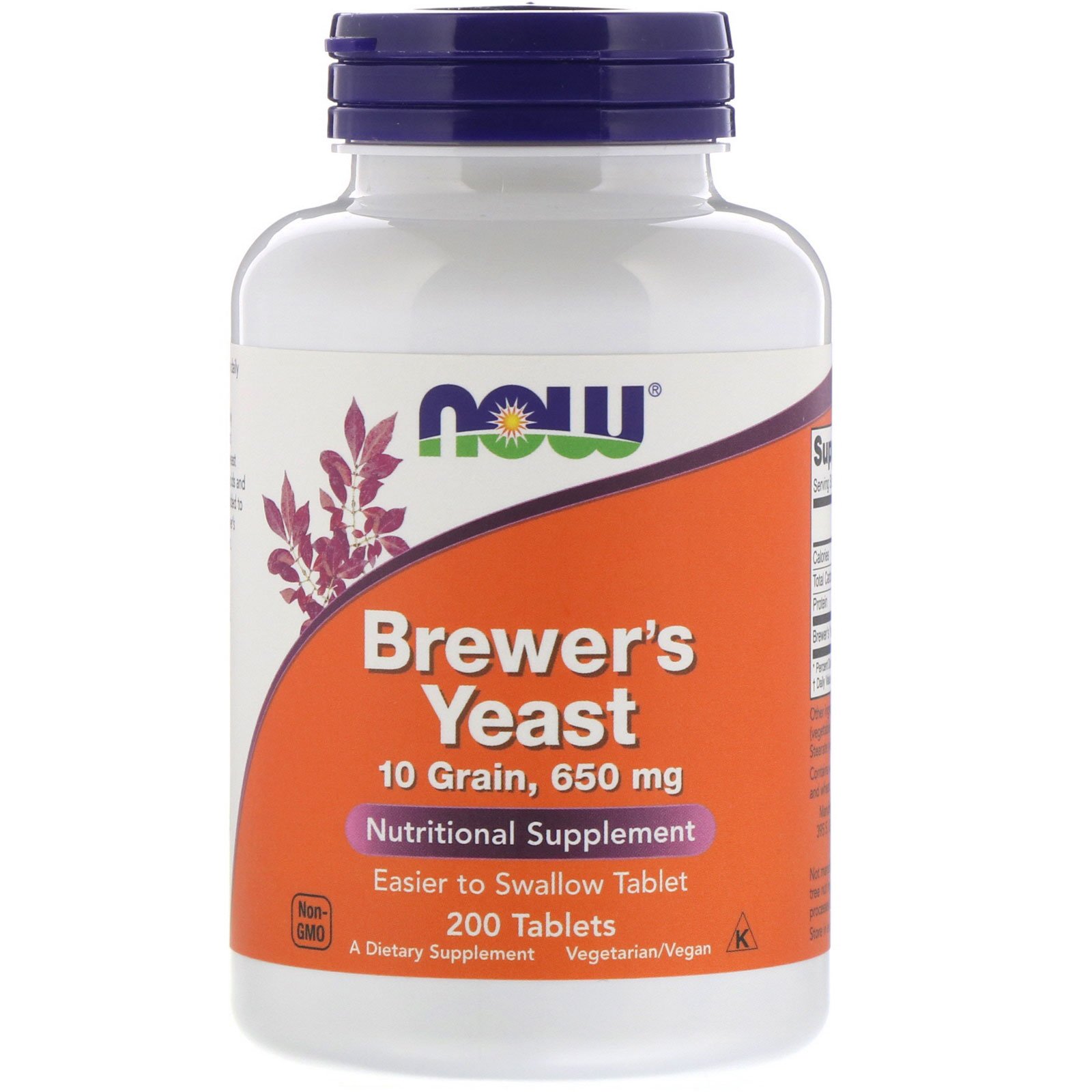 White plastic bottle with a purple and green label, featuring "NOW" logo, labeled "Brewer's Yeast, 650 mg, 200 Tablets," with a purple leaf design and nutritional supplement details.