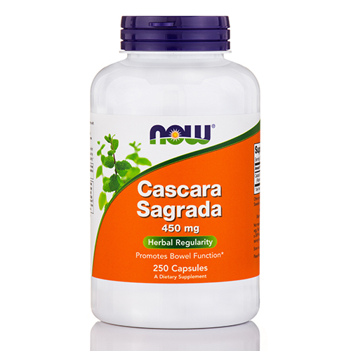 White bottle with an orange label, featuring "Cascara Sagrada" in bold text, 450 mg, and "250 Veg Capsules" prominently displayed, along with herbal imagery.