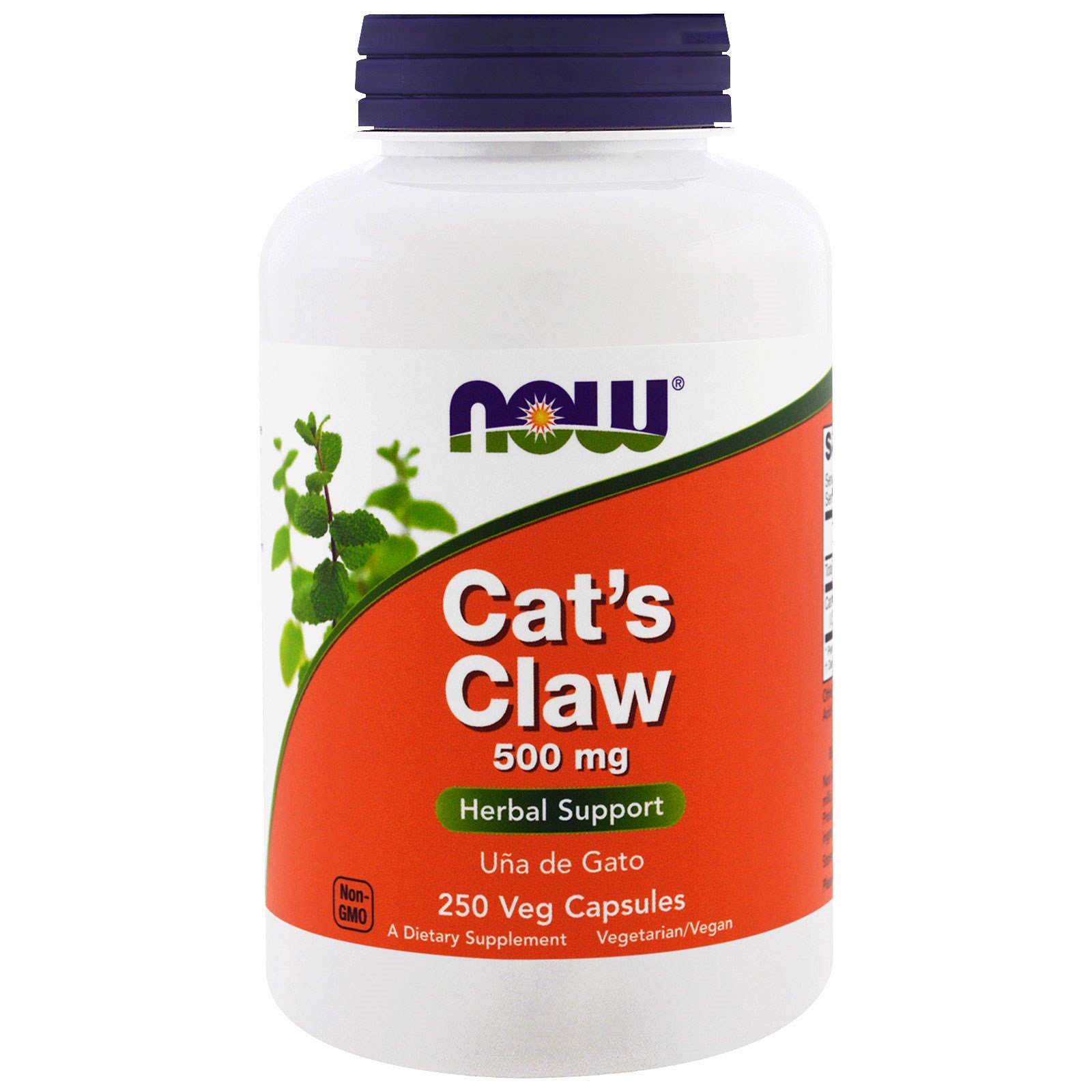 White plastic bottle with a blue cap, labeled "Cat's Claw" in bold orange text, containing 250 vegetarian capsules, highlighting herbal support and 500 mg dosage.