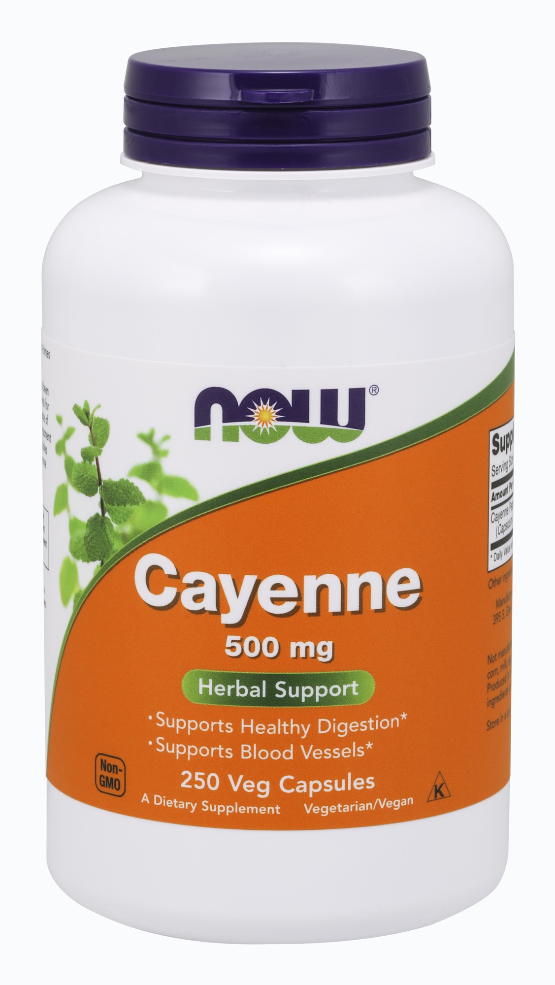 White bottle with a purple lid, labeled "NOW Cayenne 500 mg" in orange text, featuring green mint leaves and notes on health benefits, containing 250 vegetarian capsules.