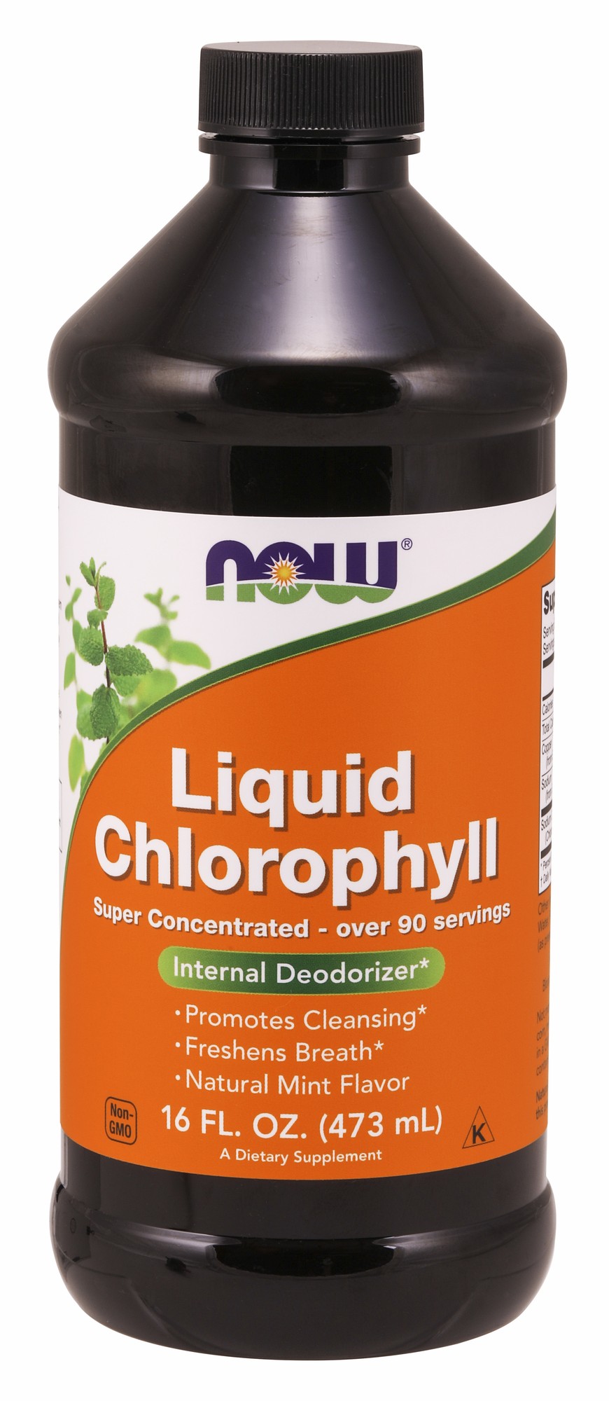 Black plastic bottle with an orange label, featuring "Liquid Chlorophyll" in bold white text, mint leaf graphics, and details about its benefits and serving size.