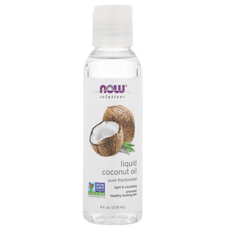 Clear plastic bottle containing 4 fl. oz. of Now Solutions Pure Fractioned Liquid Coconut Oil, featuring a label with coconut images and "NON GMO" certification.