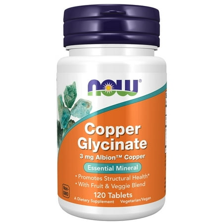 Purple and orange bottle of NOW Foods Copper Glycinate, featuring a white label with green accents, indicating 3 mg of copper and 120 tablets inside, promoting structural health.