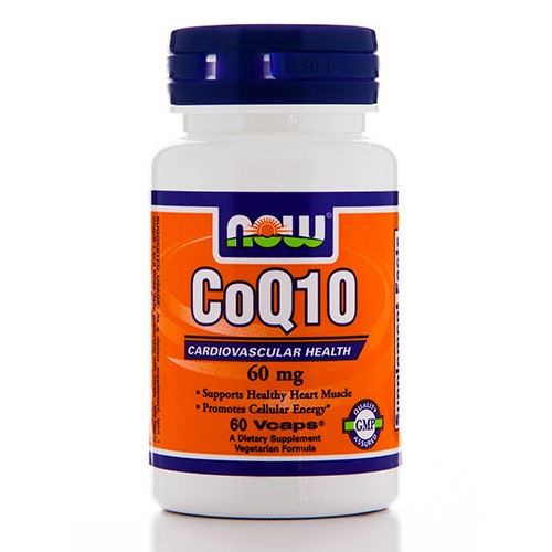 White bottle with an orange label featuring "NOW" logo, labeled "CoQ10" in bold, containing 60 veg capsules, promoting cardiovascular health and energy support.
