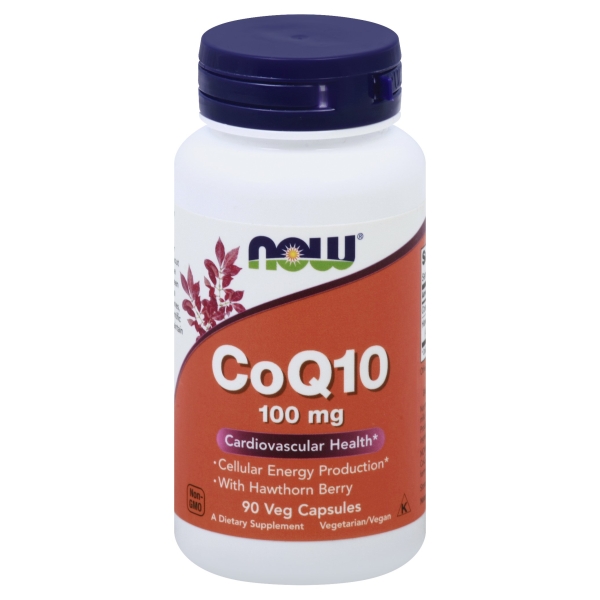 White bottle with a purple and orange label, featuring "Now" logo, "CoQ10" in bold letters, and details about 100 mg, 90 vegetarian capsules, and hawthorn berry for cardiovascular health.