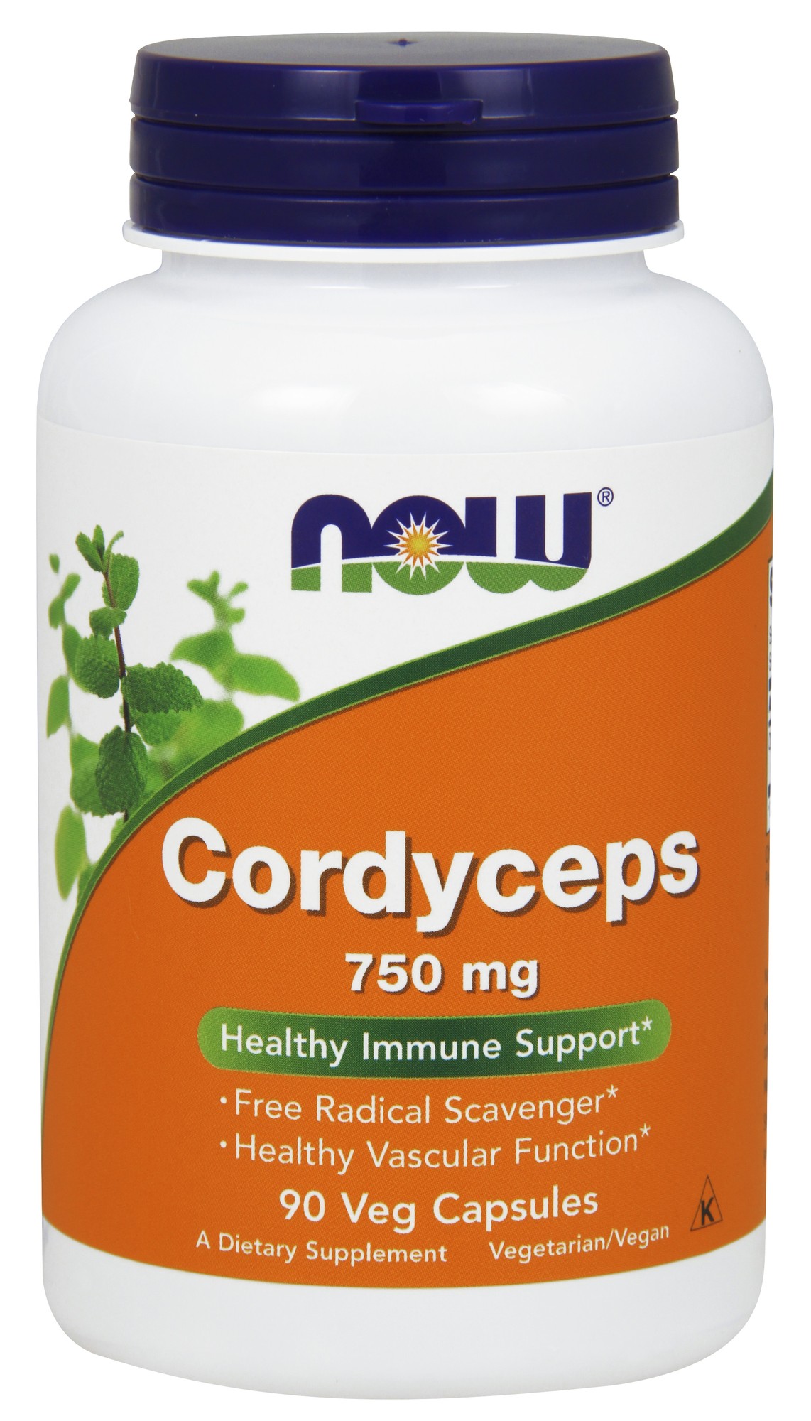 White bottle with a blue cap, featuring an orange label that reads "Cordyceps 750 mg" and "90 Veg Capsules" by NOW Foods, highlighting healthy immune support.