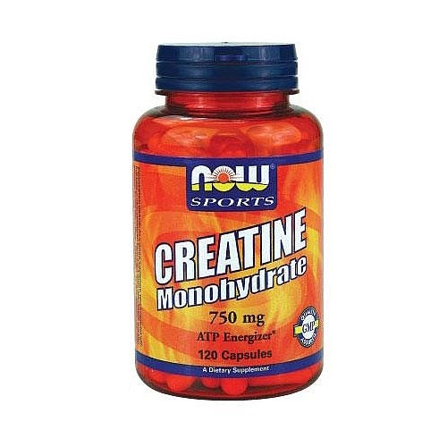 Red plastic bottle with a blue cap labeled "NOW Sports Creatine Monohydrate," containing 120 capsules, each providing 750 mg of creatine.
