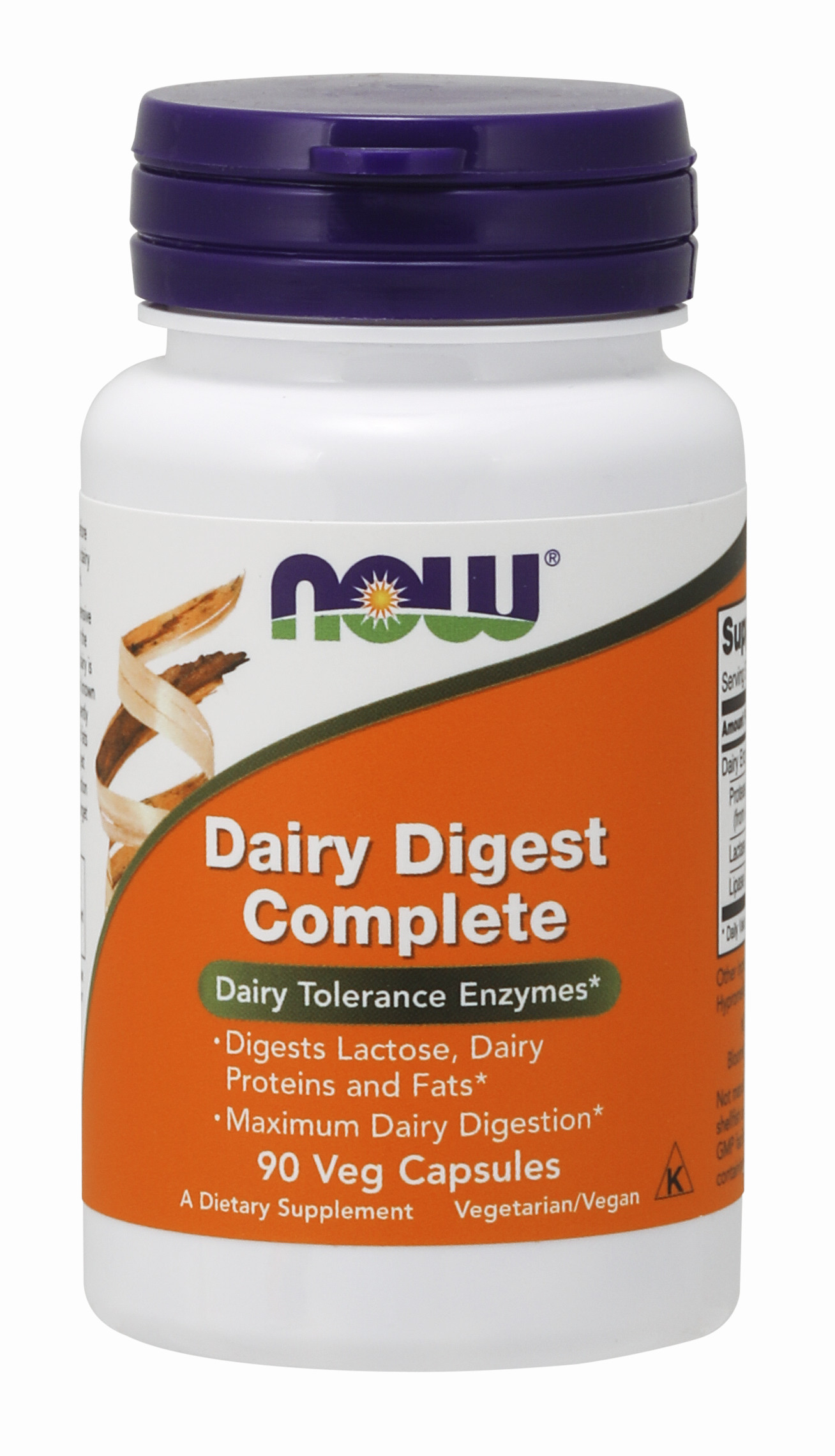 White bottle with a purple cap, labeled "Dairy Digest Complete" in orange, containing 90 vegetarian capsules, designed for maximum dairy digestion and lactose tolerance.