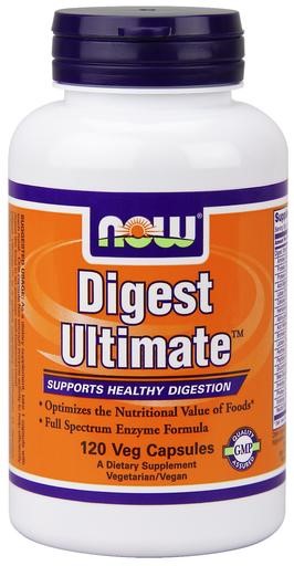 White bottle with a purple and orange label, labeled "Digest Ultimate" by NOW Foods, containing 120 vegetarian capsules, promoting healthy digestion and full spectrum enzyme formula.