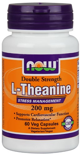 White bottle with a purple cap, labeled "NOW Foods Double Strength L-Theanine 200mg," featuring orange accents and claims of supporting cardiovascular function and promoting relaxation.