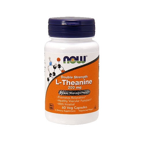 White bottle with a blue cap labeled "NOW" featuring "Double Strength L-Theanine 200 mg" in bold, promoting stress management, containing 60 vegetarian capsules.