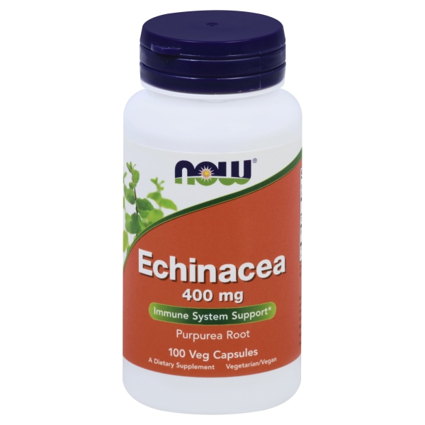 White bottle with a purple cap, labeled "NOW Echinacea 400 mg," featuring green leaves and indicating 100 vegetarian capsules for immune system support.