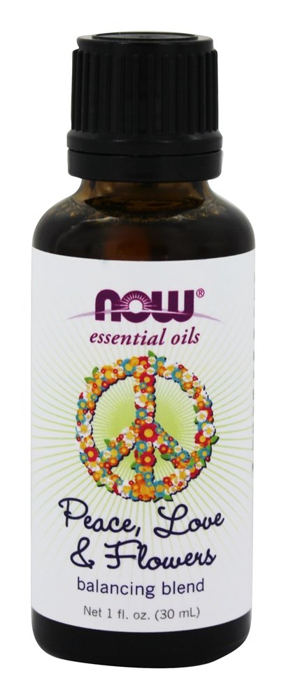 Brown glass bottle with a black cap, featuring a colorful peace sign made of flowers and the text "Peace, Love & Flowers" on a white label, 30ml size.