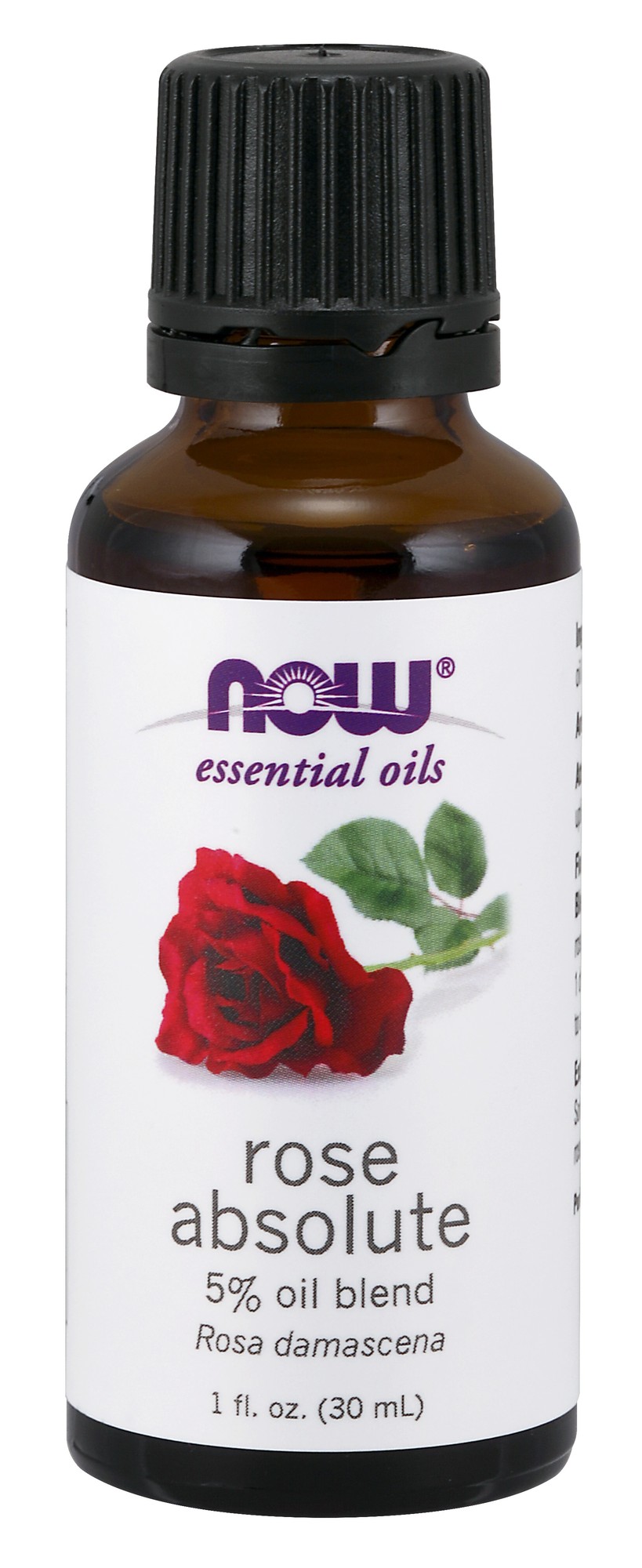 Brown glass bottle with a black cap, labeled "NOW Foods Rose Absolute 5% Oil Blend," featuring a red rose graphic and white background, containing 1 fl oz of liquid.