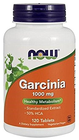 White bottle with a green and orange label, featuring "Garcinia 1000 mg" text, containing 120 tablets, by NOW Foods, highlighting healthy metabolism and standardized extract.