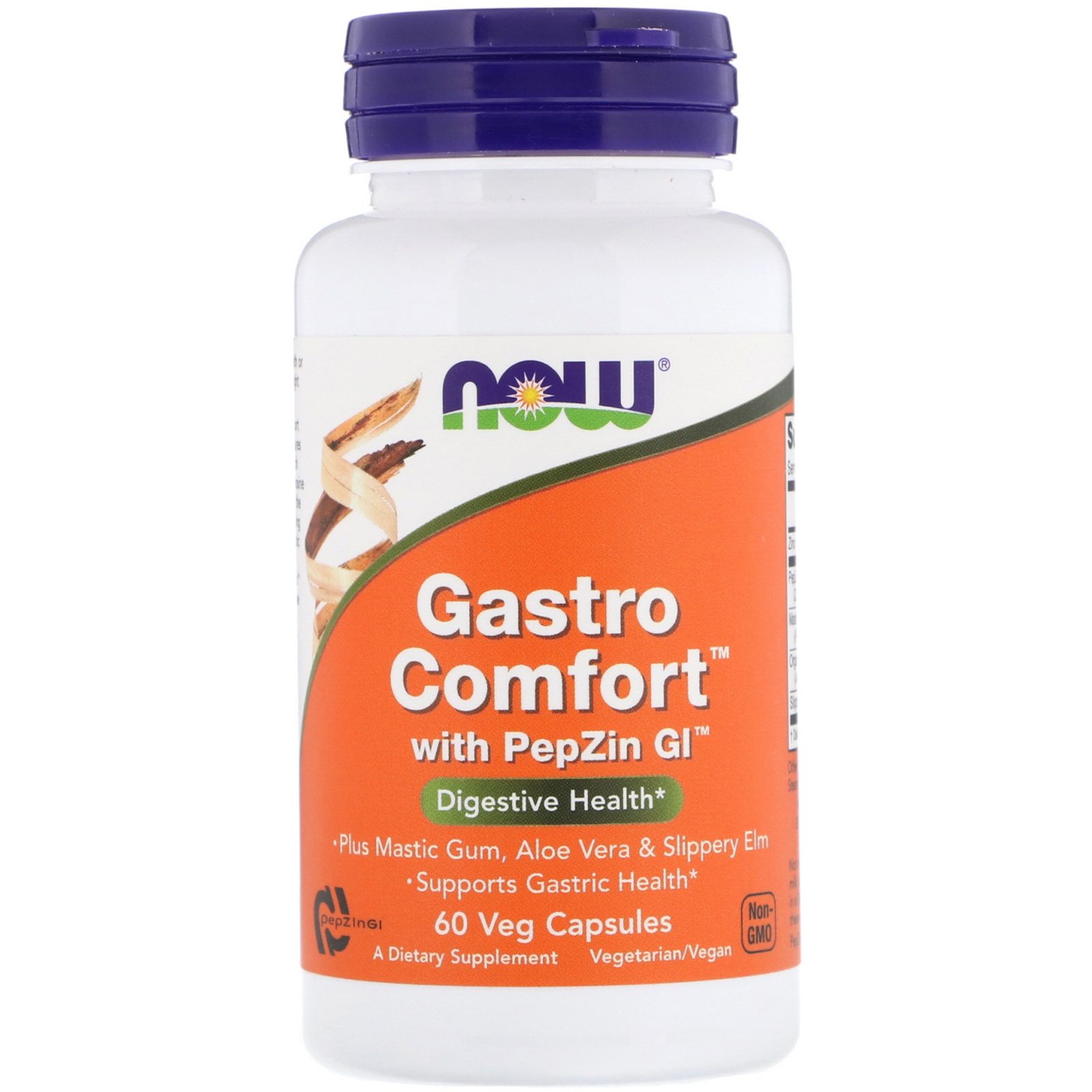 White bottle with an orange and green label, featuring "Gastro Comfort with PepZin GI" text, contains 60 vegetarian capsules, promotes digestive health, and is non-GMO.