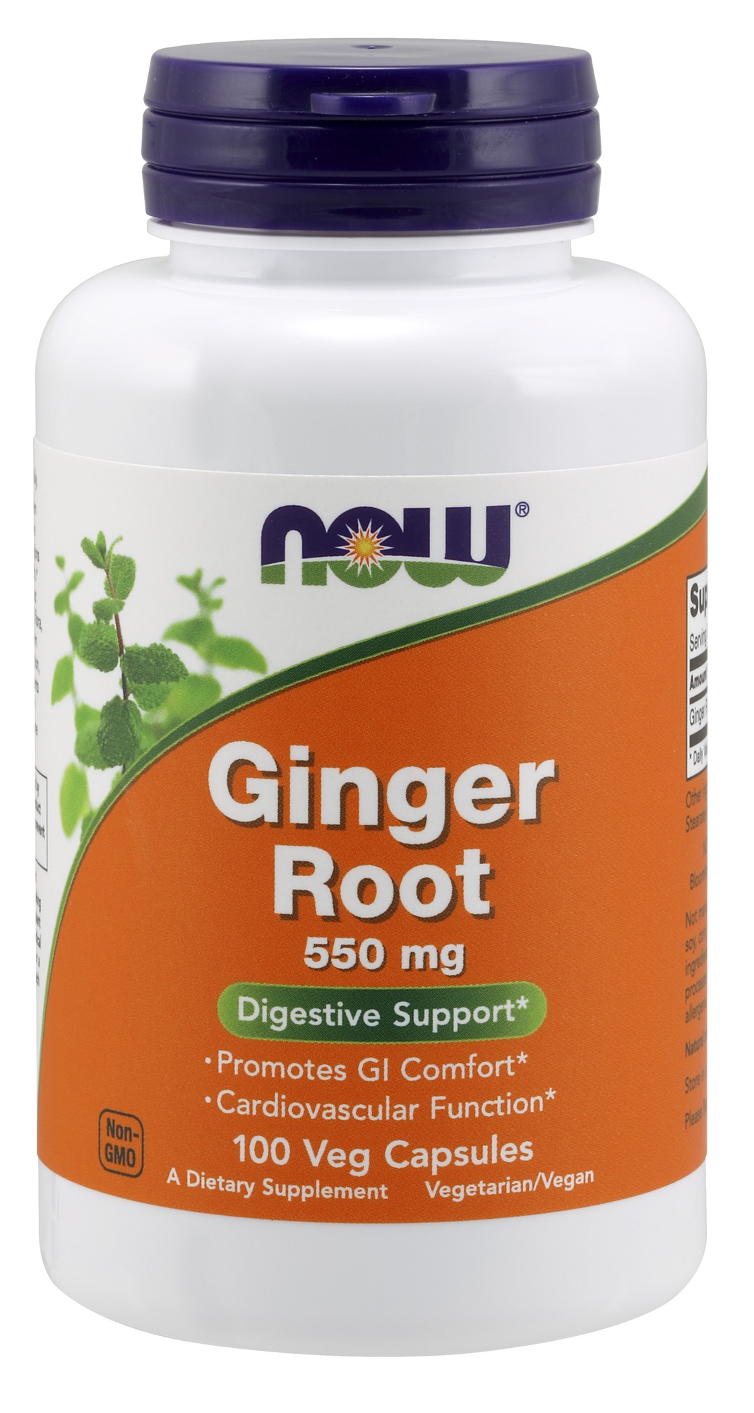 White bottle with a purple cap labeled "Ginger Root 550 Mg" by NOW Foods, featuring an orange and green design, promoting digestive support and containing 100 vegetarian capsules.