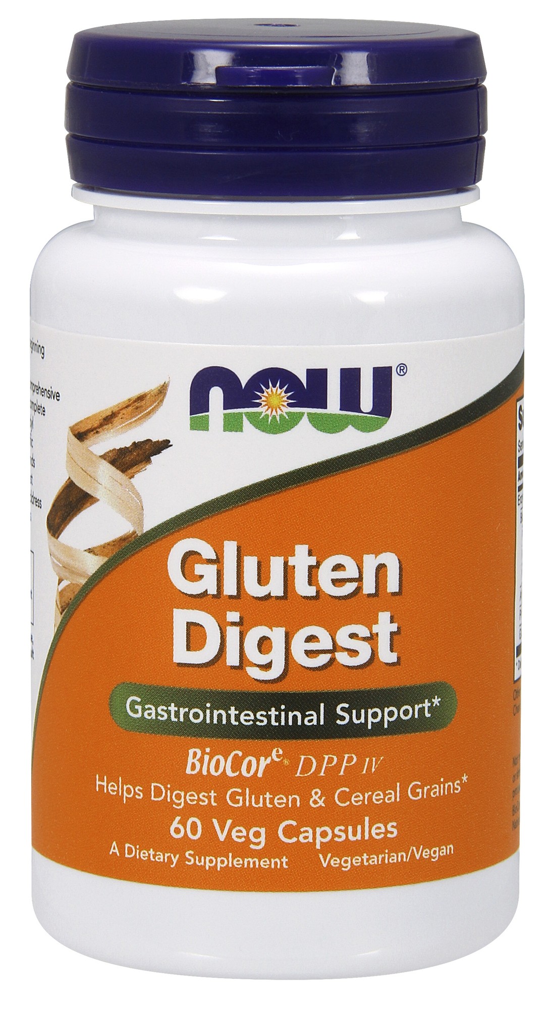 White bottle with a blue cap labeled "Gluten Digest" in orange and white, featuring "60 Veg Capsules" and "Gastrointestinal Support" text, emphasizing its vegetarian and vegan qualities.