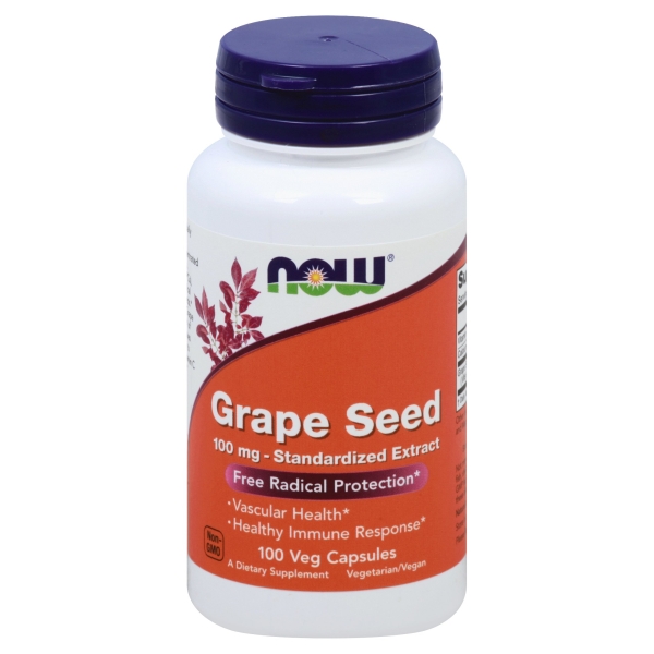White plastic bottle with a purple cap, labeled "NOW Grape Seed 100 mg" featuring a red and purple design, containing 100 vegetarian capsules for dietary supplementation.