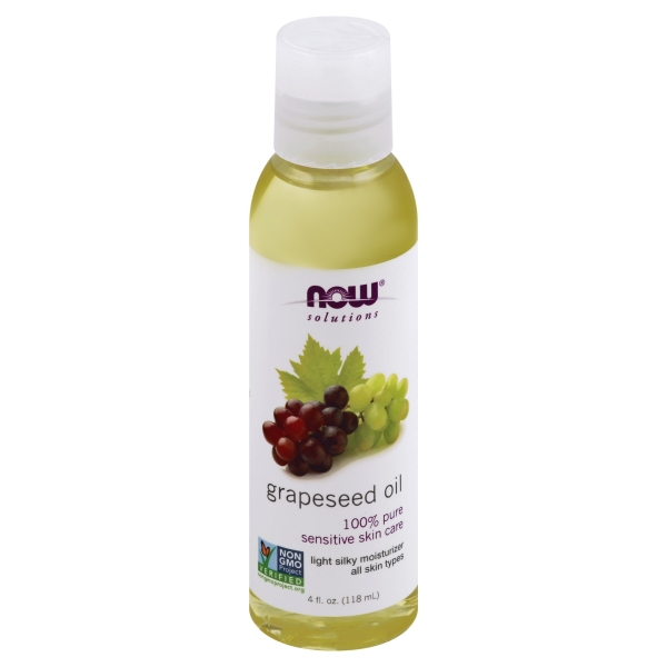 Clear plastic bottle containing 4 fl oz of light yellow grapeseed oil, labeled with "NOW Solutions" and featuring images of grapes and green leaves.