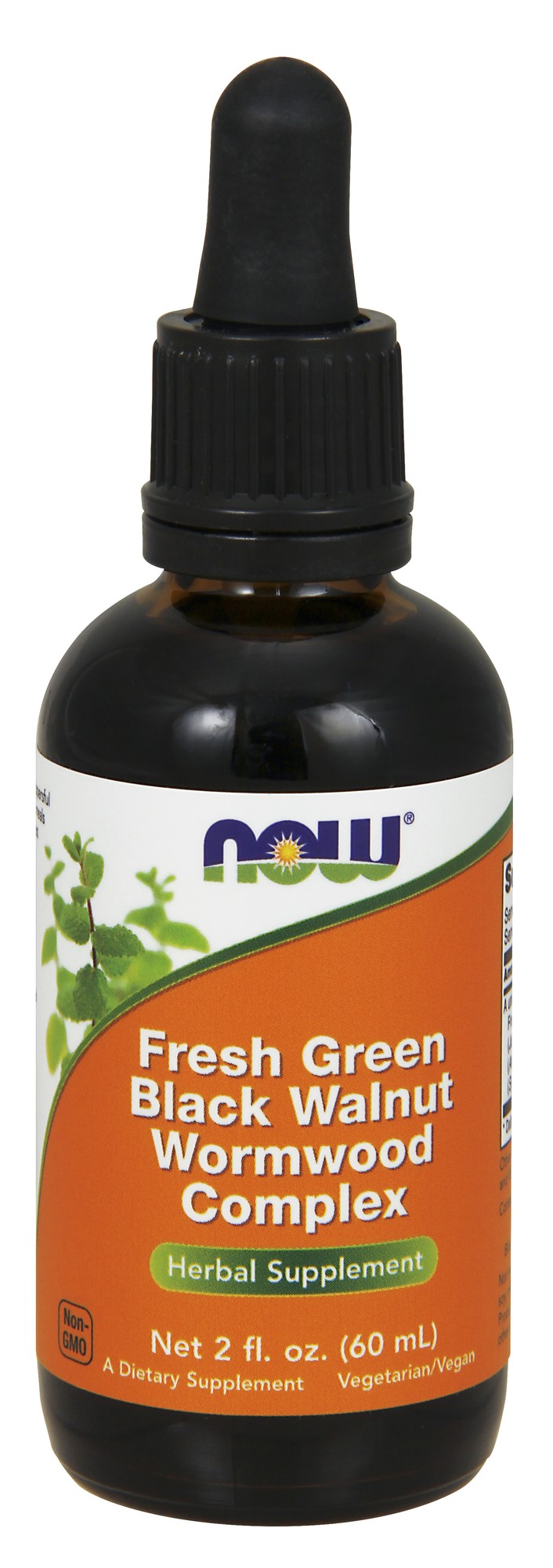 Brown glass dropper bottle with a black lid, featuring an orange label that reads "Fresh Green Black Walnut Wormwood Complex" and details about being a herbal supplement.