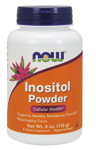 White plastic bottle with a purple lid, labeled "Inositol Powder" in orange and purple text, featuring a pink flower and stating "Supports Healthy Membrane Function," net weight 4 oz.