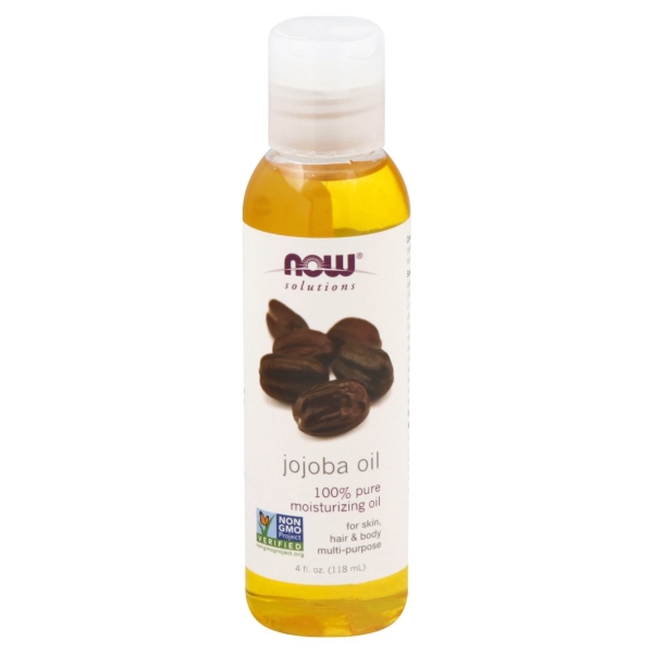 Clear plastic bottle containing 4 fl oz of golden jojoba oil, labeled "NOW Solutions," featuring brown jojoba seeds and claims of being 100% pure and multi-purpose.