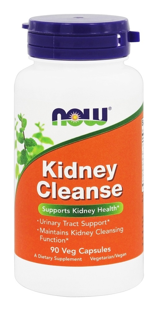 White bottle with a purple cap, labeled "Kidney Cleanse" in orange text, featuring green plant graphics, containing 90 vegetarian capsules for kidney health support.