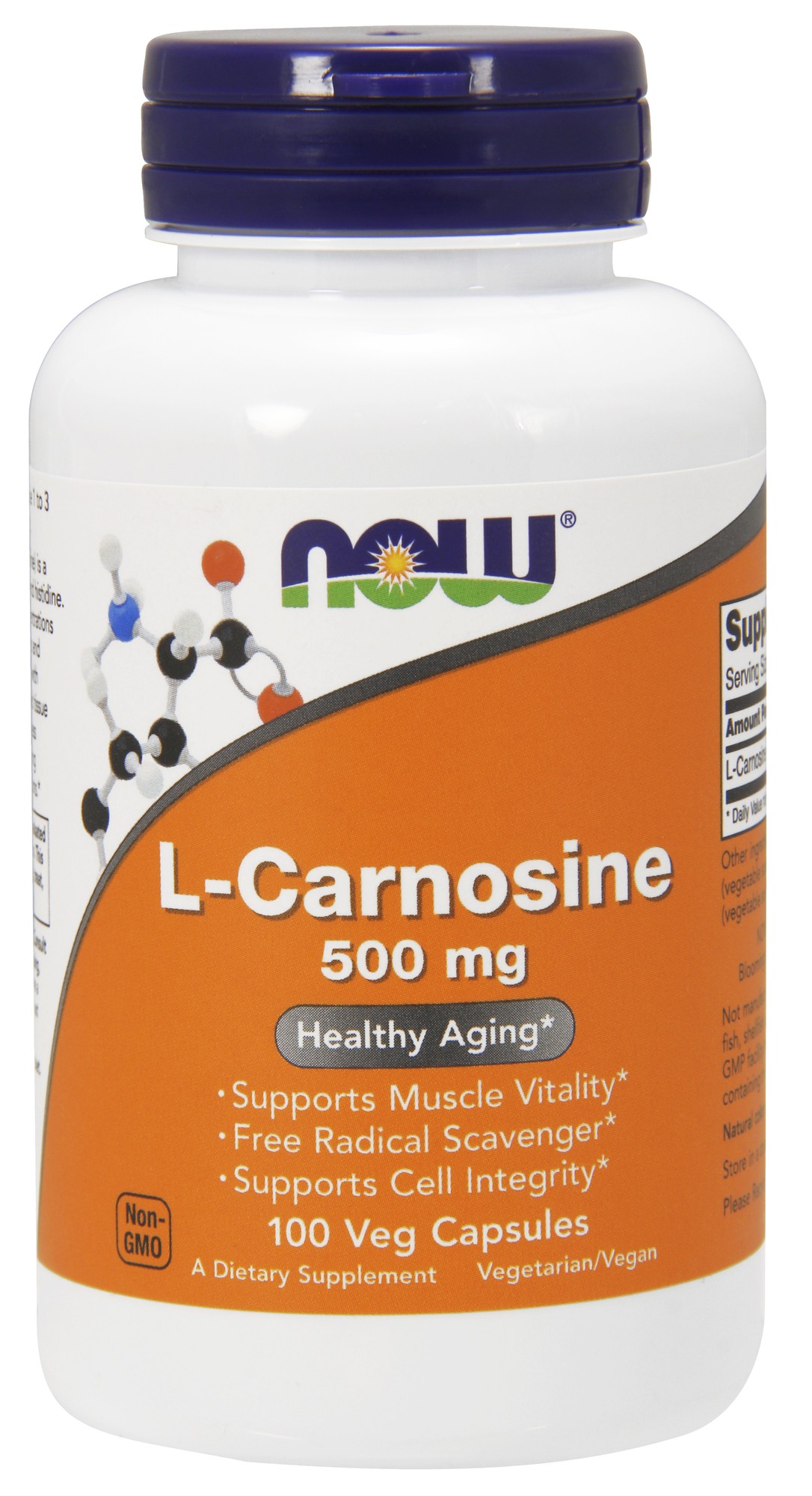 White bottle with an orange label featuring "NOW" logo, labeled "L-Carnosine 500 mg" and "100 Veg Capsules," highlighting benefits like muscle vitality and cell integrity.