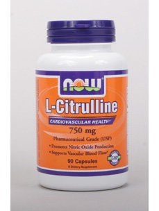 White bottle with a purple and orange label, featuring "NOW L-Citrulline" text, 750 mg dosage, and 90 vegetable capsules, promoting cardiovascular health.